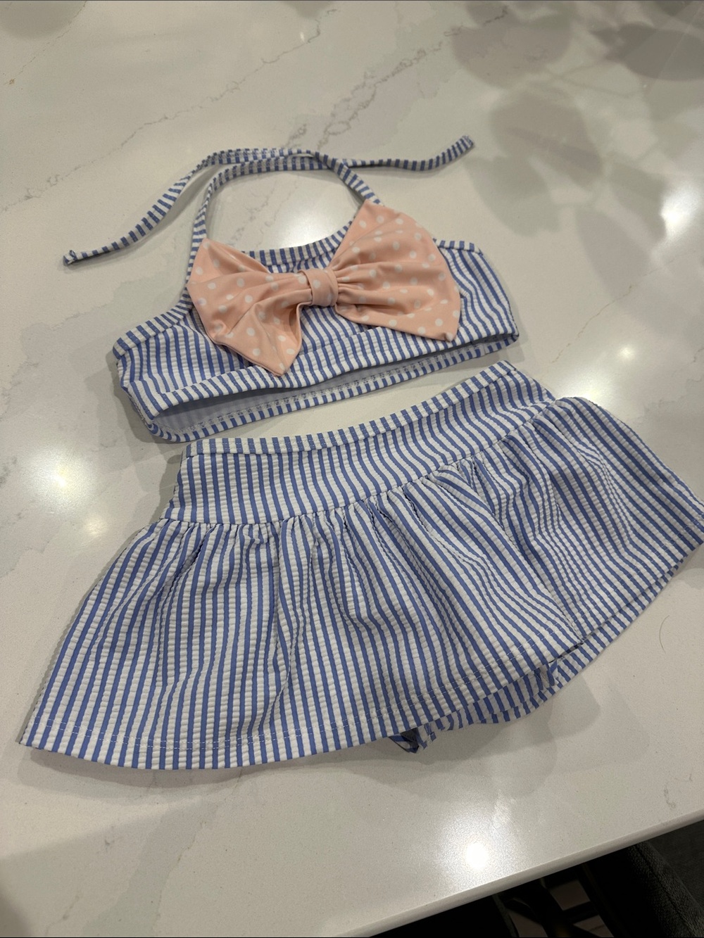 Ruffle Butts Periwinkle Blue Seersucker skirted bottom and bikini bow top swim